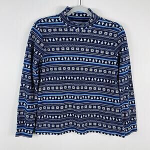 Lands End Size XS Petite Fairisle Cotton Long Sleeve Mock Neck Top Blue